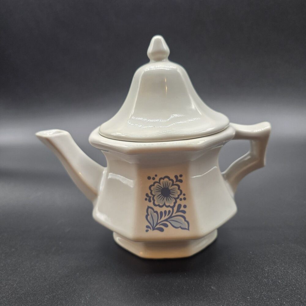 Vintage Avon Ceramic White Teapot with Blue Floral Flowers Pattern & Lid Cottage